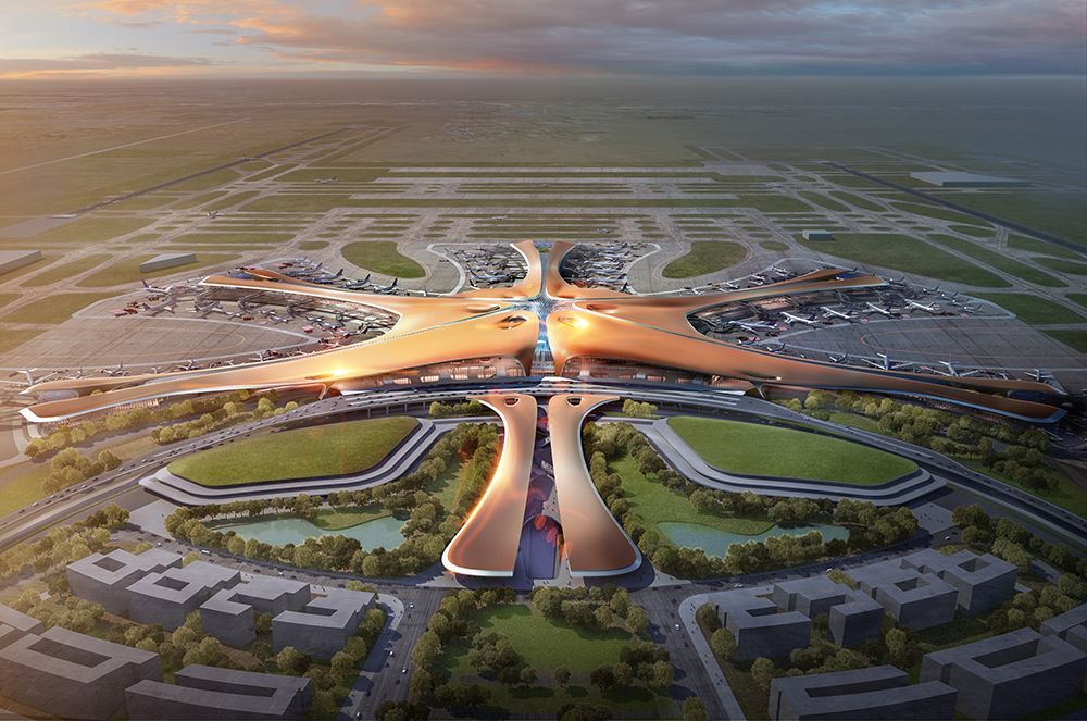 Beijing New Airport Terminal Building, Courtesy of Zaha Hadid Architects © Render by Methanoia