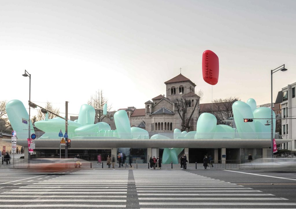 在韓國首爾市政廳建造一個充氣的飄浮花園，這個奇幻的構想來自莫斯科設計團隊SKNYPL