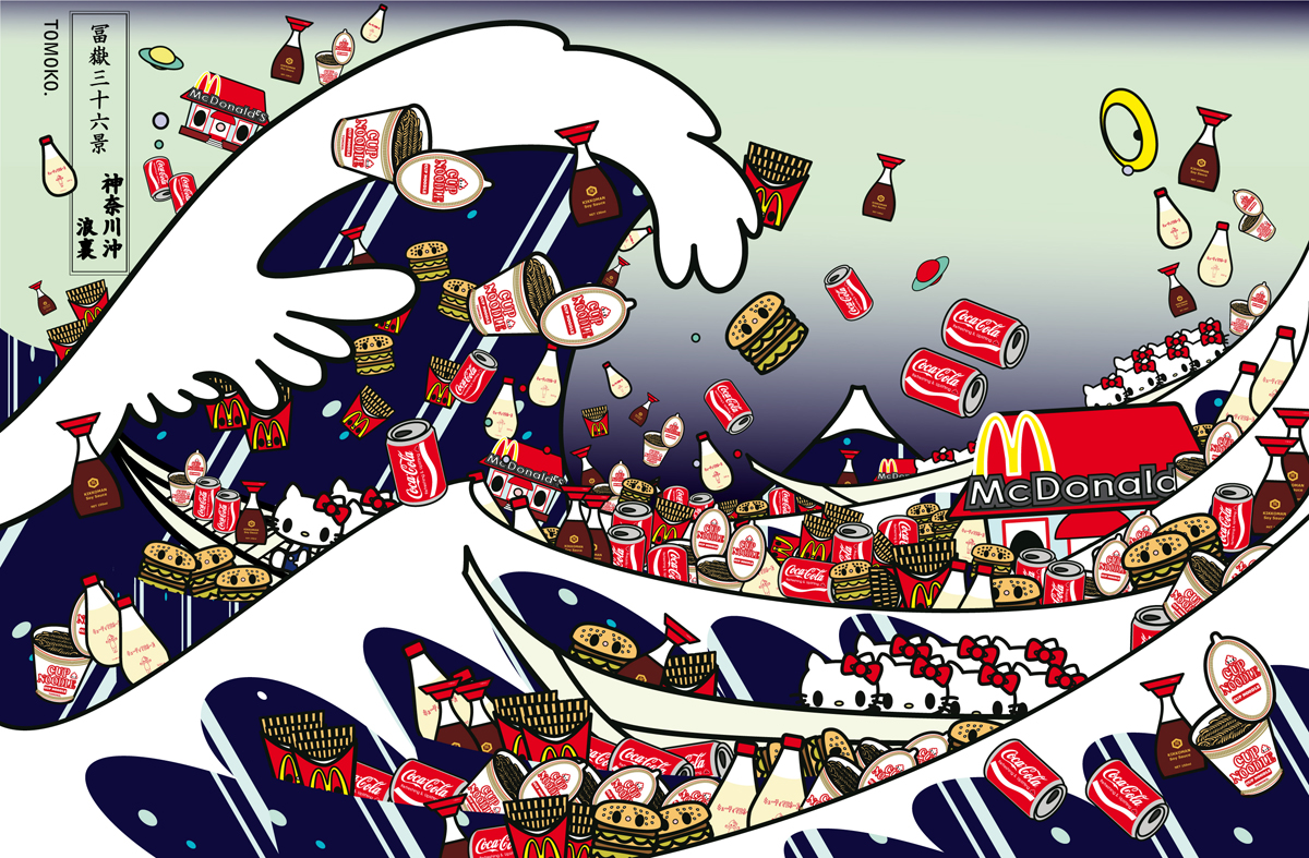 01-hokusai-The-Great-Wave-of-Kanagawa-with-mc-cupnoodle-kewpie-kikkoman-and-kitty